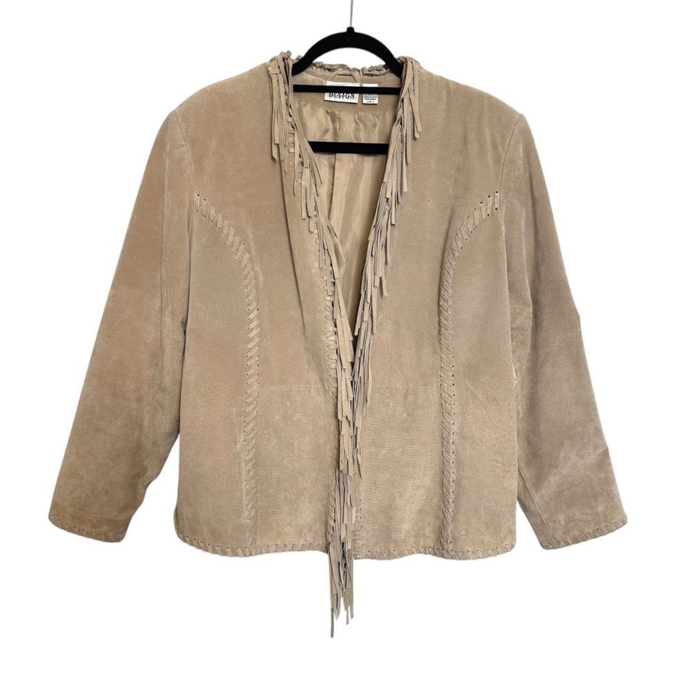 Chico's Tan Beige Suede Leather Whipstitched Fringe Boho Western Size L Chicos 2